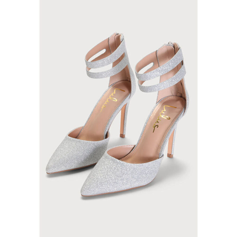 Lulus Billyy Silver Glitter Pointed-toe Ankle Strap Heels - Size 9